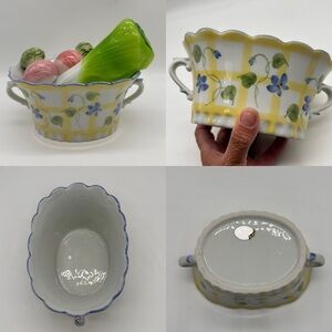 Andrea Sadek Vintage Porcelain Planter Bowl Yellow White Blue Flowers Checked